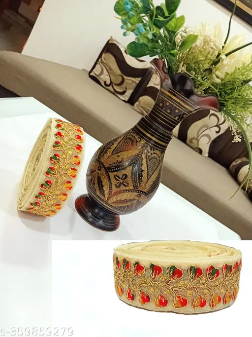 Multicolor embroidered gold zari work net lace for saree, kurti, dresses - Indian craft and home decor (9mtr, 2inch width)