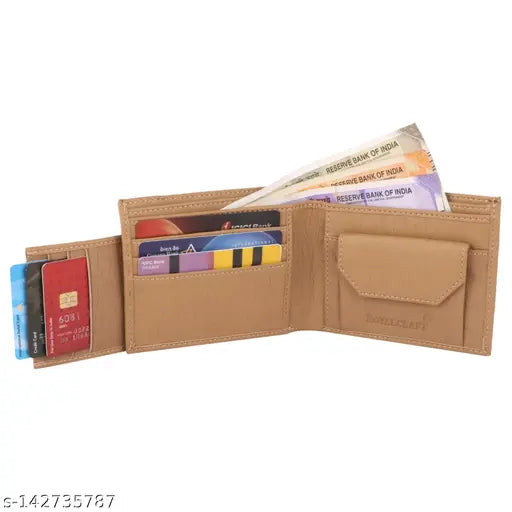 Beige faux leather men's wallet, classic world design, ample storage, detachable ATM cardholder