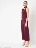 Maroon polyester sleeveless Miss Chase women's solid v-neck jumpsuit with wine knit, cut-out asymmetric design & sequin belt