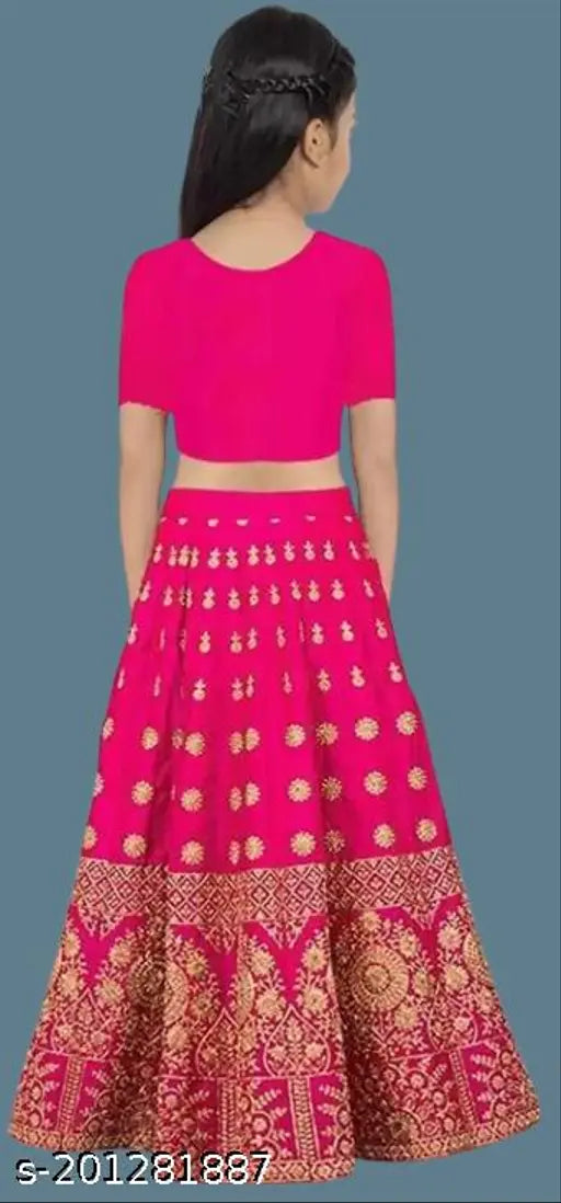 Taffeta silk embroidered lehenga choli set for girls, featuring net dupatta, suitable for traditional, party, and ethnic wear. Unstitched blouse and stitched lehenga with dupatta, available in various sizes from 4-15 years. Indian origin