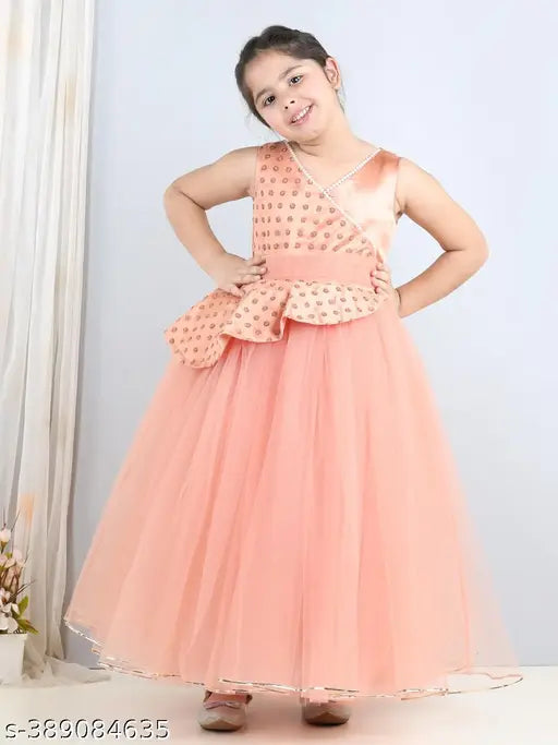 Brown net party dress for girls aged 1-10, embellished with toy balloons design, India origin