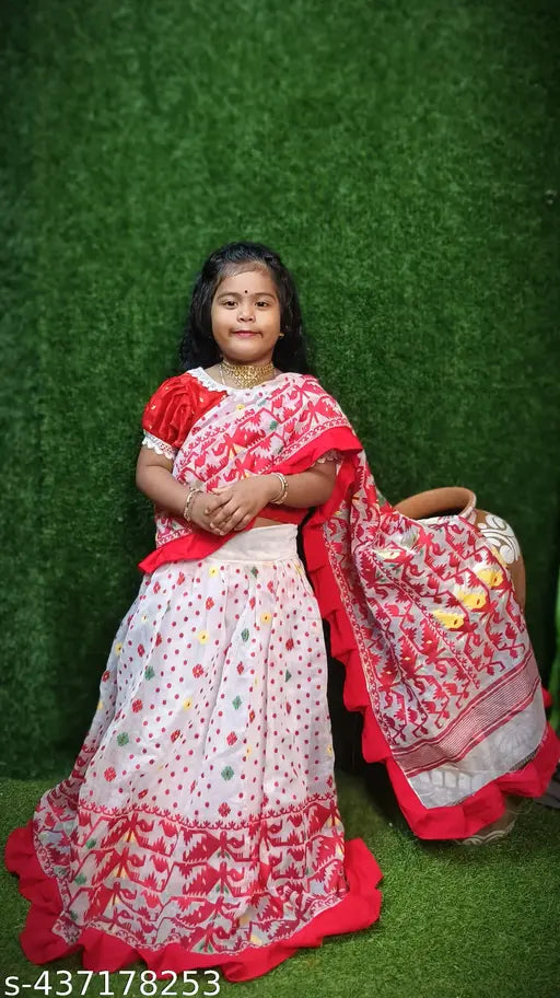 New Trending Jamdani Cotton Silk Lehenga choli for Baby Girl with readymade blouse - Indian ethnic motif, short sleeves