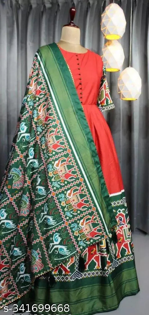 Silk Patola and digital print semi-stitched women's gown with dupatta. Indian silk blend maxi dress with printed net, three-quarter sleeves