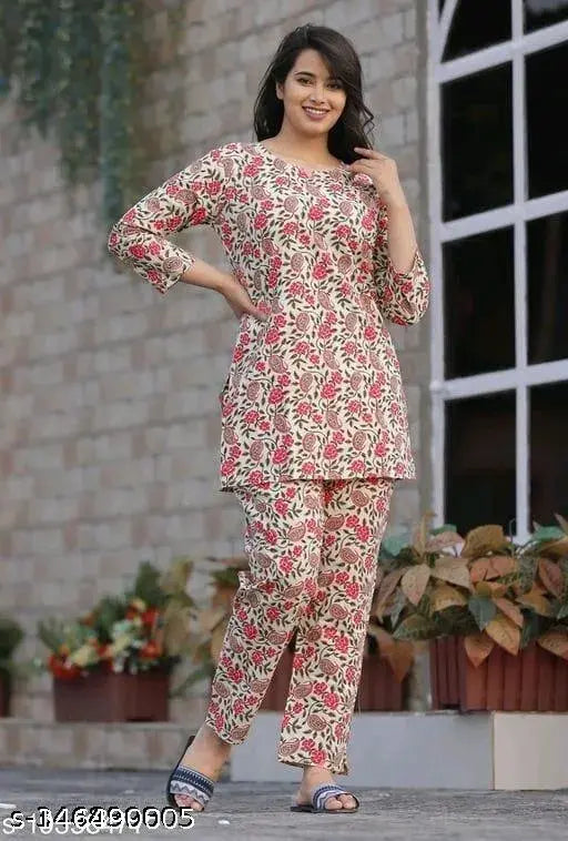 Style Hub women's printed rayon nightsuit, three-quarter sleeves, printed pattern on display