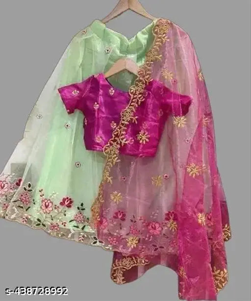 Embroidered net lehengha-choli for girls, semi-stitched with three-quarter sleeves. Size chart included. Indian kids party wear