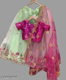Embroidered net lehengha-choli for girls, semi-stitched with three-quarter sleeves. Size chart included. Indian kids party wear