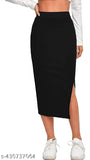High-waisted black polyester lycra midi skirt with side slit, versatile and comfortable for women's fashionable casual wear