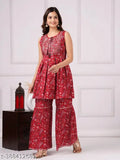 women's red rayon sharara set with dupatta, Indian ethnic print on display, single size available