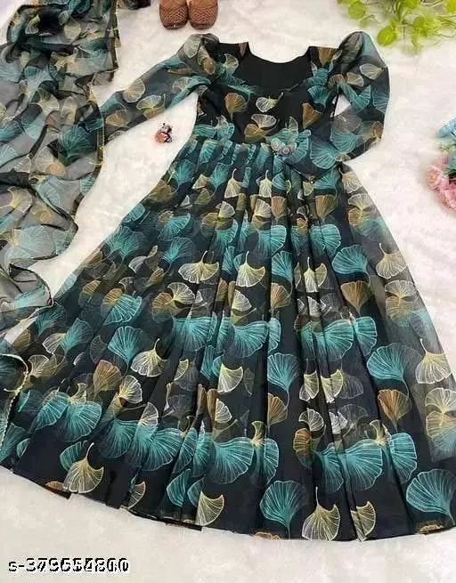 Georgette long-sleeved printed net trendy gown for women, beautiful digital print and lace duppatta - Indian fashion