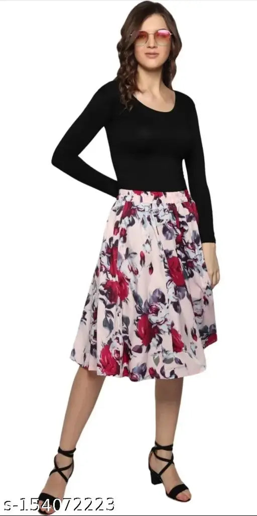 Printed crepe calf length party skirt for women, mid-calf length 27 inches, quality Indian make