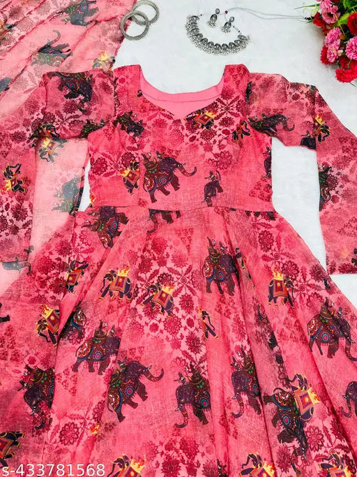 Dark peach multi-print Georgette Anarkali gown, long sleeves, digital print with micro cotton flair