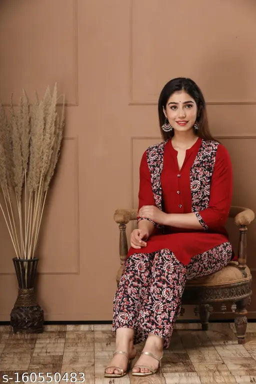 Maroon Rayon Kalamkari Kurta Palazzo Set, traditional Indian outfit with three-quarter sleeves, pack of 3 sizes M-XXXL, on model display