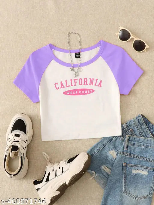 Lavender purple and white printed cotton crop top for women, solid. Short sleeves, raglan design