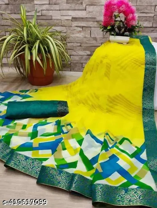 Yellow Georgette saree with printed blouse, Indian traditional attire for free size, country of origin: India