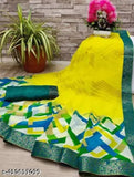Yellow Georgette saree with printed blouse, Indian traditional attire for free size, country of origin: India