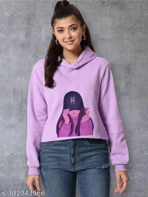 Purple colorblocked cotton blend Bts Girl long sleeve croptop hoodie for kids (7-15 years)
