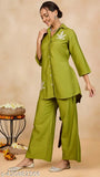 WineRed woman solid green leaf embroidery coord set, polyester fabric with short sleeves & self-tie up, Indian origin