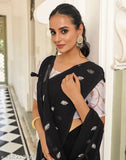 Black Georgette botanical saree with printed net blouse, India-made silk saree with gold and white separate blouse piece