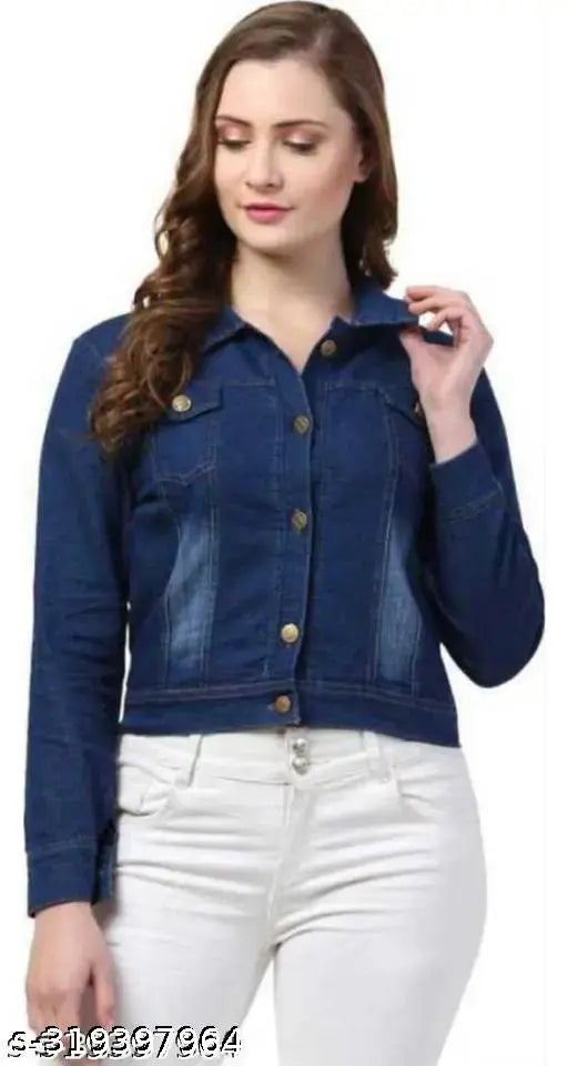 Trendy women's cotton denim blend casual jacket, full sleeve, solid pattern, long sleeves, India