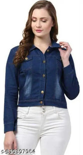 Trendy women's cotton denim blend casual jacket, full sleeve, solid pattern, long sleeves, India