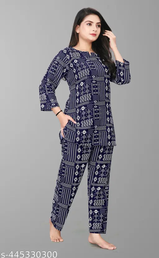 Women's rayon night suit with three-quarter sleeves, printed pattern pyjamas, M & L sizes available