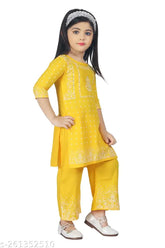 Kids Rayon Plazo Set, printed top and bottom, three-quarter sleeves, vibrant Indian occasion wear