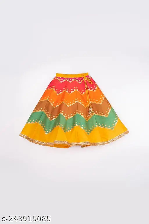 Yellow satin kids lehenga with leheriya pattern, sleeveless design, knee-length and fixed self-fabric belt. Ideal for parties, celebrations, or photo shoots