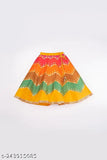 Yellow satin kids lehenga with leheriya pattern, sleeveless design, knee-length and fixed self-fabric belt. Ideal for parties, celebrations, or photo shoots
