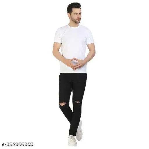 Black denim knee-cut distressed stretchable jeans for men, offering versatile style and exceptional comfort. Size: 28, 30, 32; made in India