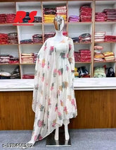 Georgette printed net long-sleeved urban gown for women, size S-XXL, India-made fashionwear on display