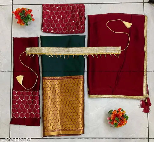 Unstitched Art Silk South Indian style half saree with embroidered choli, zari dupatta, and lace trim, perfect for traditional events