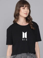 Black cotton BTS printed cropped t-shirt for women by VERDON Creations