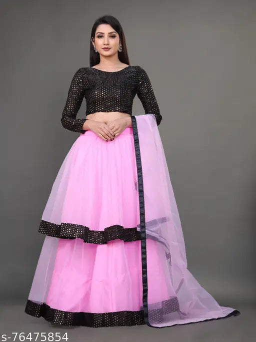 Designer satin lengha with net choli and dupatta, embroidered top, lace dupatta. Indian party wear semi-stitched women's outfit" (96 characters)