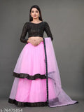 Designer satin lengha with net choli and dupatta, embroidered top, lace dupatta. Indian party wear semi-stitched women's outfit" (96 characters)