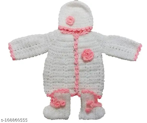 Handmade crochet woolen knitted sweater set (3Pcs) for unisex kids aged 0-3 months, white with embroidered net pattern - New Jain Traders
