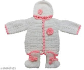 Handmade crochet woolen knitted sweater set (3Pcs) for unisex kids aged 0-3 months, white with embroidered net pattern - New Jain Traders