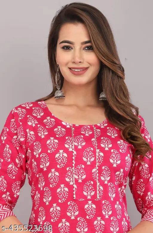 Women's printed pink cotton kurta pant set with palazzos, three-quarter sleeves, single size available