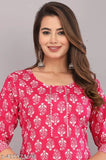Women's printed pink cotton kurta pant set with palazzos, three-quarter sleeves, single size available