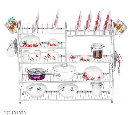 Stainless steel 5-shelf kitchen utensils rack, 30L x 36H inches (upper plate), for modular storage and organization