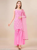 Georgette embroidered pink sharara suit set for women, single size available with sleeveless kurta and dupatta, embellished net pattern, ever hot selling from India