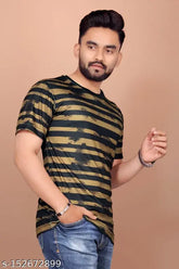 Gold striped short-sleeve t-shirts, smoothly stretchable fabric, M 38in/L 40in/XL 42in (India)