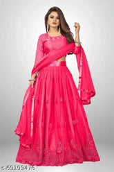 Satin-net Myra Petite women's lehenga set in solid top with embroidered dupatta, semi-stitched (42m/44m/2.1m), Indian origin