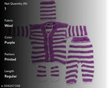 Purple hand-knitted winterwear set for newborns, featuring long sleeves and colorblocked stripes. Includes a cap in sizes: 0-3 months, 0-2 months, and 2-4 months. Wool fabric from India