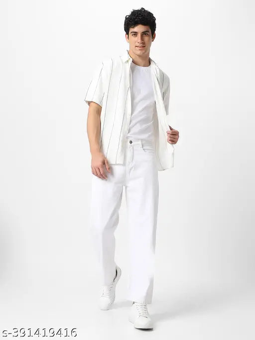 White denim Urbano Fashion men's non-stretchable loose fit jeans, solid pattern on display rack, size 28, 30, 32, 34, 38, or 40 (waist 28-40 in, length 41 in)