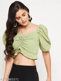 WineRed Women's Light Green Ruched Crop Top - Solid crepe, high-fashion top for women on display