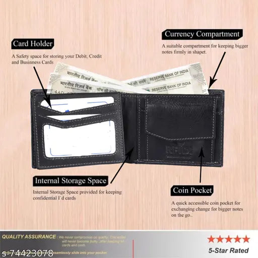 High-quality black full-grain leather men's wallet with 2 compartments and RFID protection for secure storage