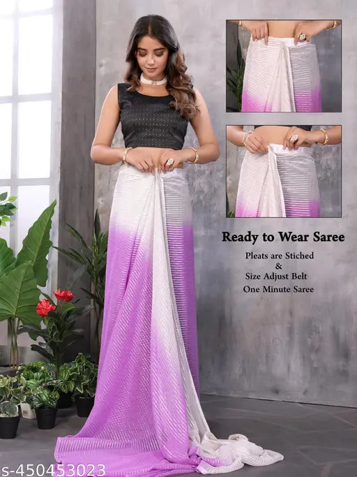 Lavender Georgette Ready-to-Wear Saree, Indian-made, unstitched blouse with zari weaving and free size (length: 5.5m, blouse length: 0.8m)