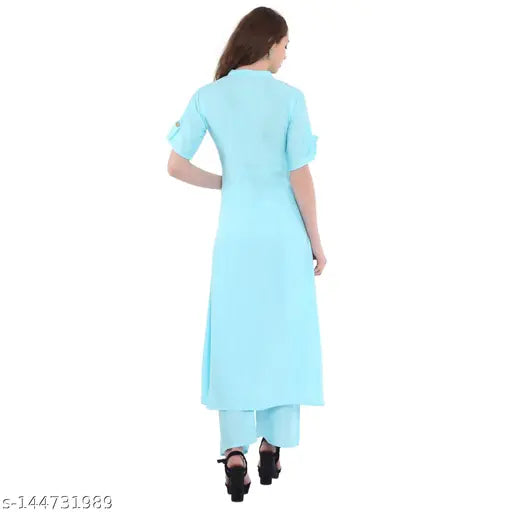 Trendy rayon kurta palazzo set for women, embroidered net design, short sleeves. M-XXXL sizes available