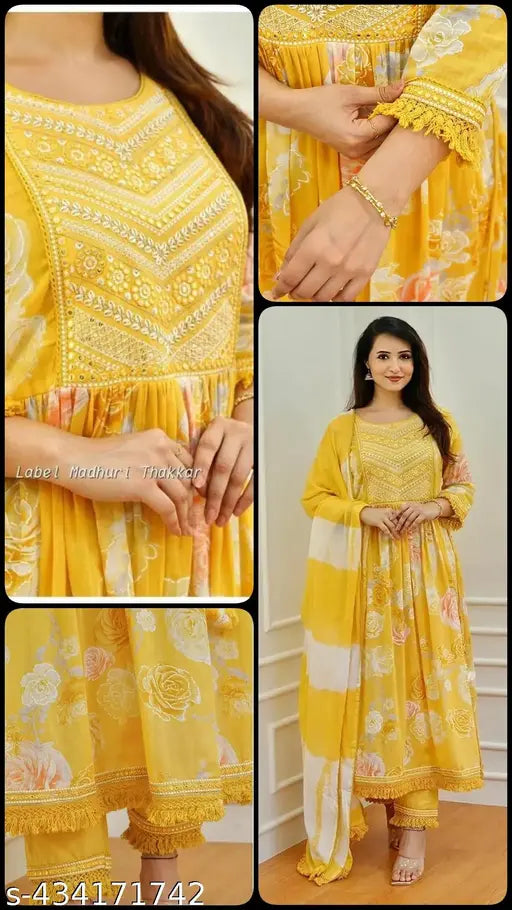 Yellow rayon anarkali kurti pant dupatta set for festive occasions