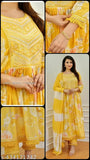 Yellow rayon anarkali kurti pant dupatta set for festive occasions